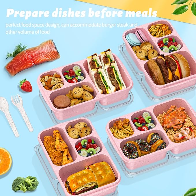 Bento Box 4-Pack 5-Compartment Meal Prep Containers, BPA-Free Plastic, Stackable Food Storage Lunch Boxes for Adults and Kids, School Work Travel (Pink)