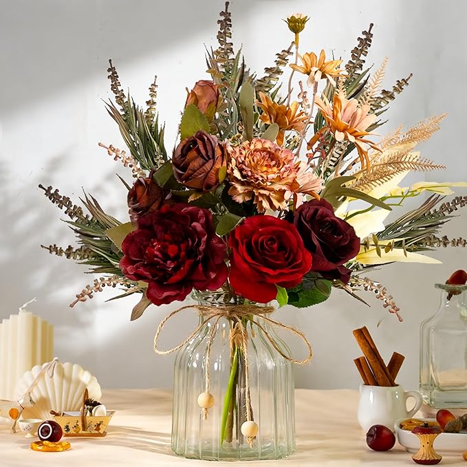 LESING Dahlia Flower Aritificial Flower with Vase Fake Silk Flowers in Glass Vase Faux Rose Flowers Arrangement for Home Office Table Centerpiece Decoration (Claret Red)