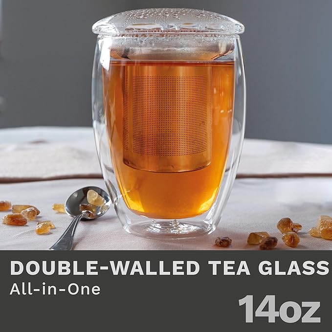 Creano Double Walled Tea Glass with Stainless Steel Filter and Glass Lid - 14oz (400ml)