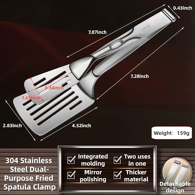 New Kitchen Cooking Tongs, Multifunctional Frying Spatula with Detachable Design, 304 Stainless Steel, Perfect for Grilling, Cooking, Frying, and Griddling (12.8 Inch)