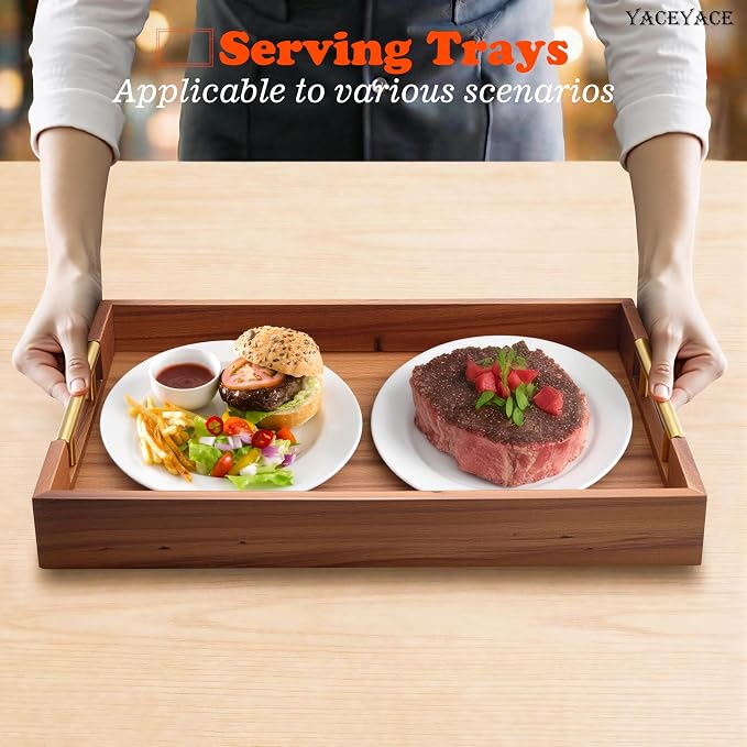 Wooden Serving Tray with Metal Handles, 14" x 9.8" x 1.7" Small Serving Tray for Kitchen Counter, Ottoman Coffee Table, Bathroom, Home Decor
