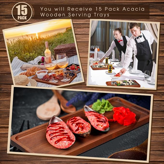 Skylety 15 Pack Solid Wood Serving Tray Large Acacia Party Server Platter Rectangular Charcuterie Board with Grooved Handle for Home Kitchen Cheese Appetizer Farmhouse Table Supplies (10.8 x 4 Inch)