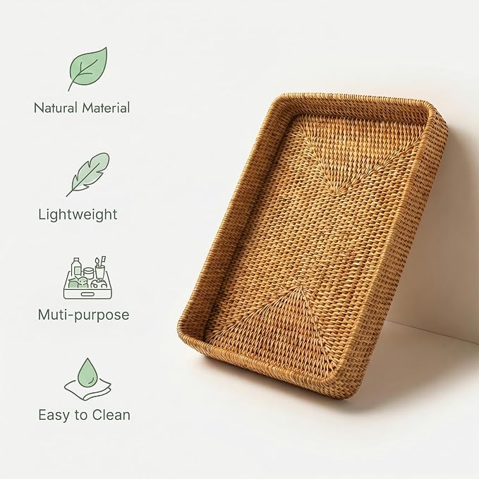 14.6" x 9.1" Large Wicker Storage Tray, Natural Rattan Basket Decorative Handwoven Rectangular Basket for Bread, Fruit, Toiletries,Towels & Home Organization (Natural M)
