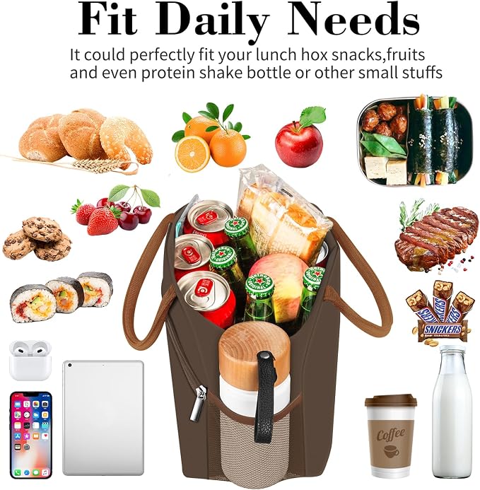 Coobiiya Lunch Bag Women, Lunch Box for Women Adult Men, Small Leakproof Cute Lunch Tote Large Capacity Reusable Insulated Cooler Lunch Container for Work/Office/Picnic/Travel-Brown