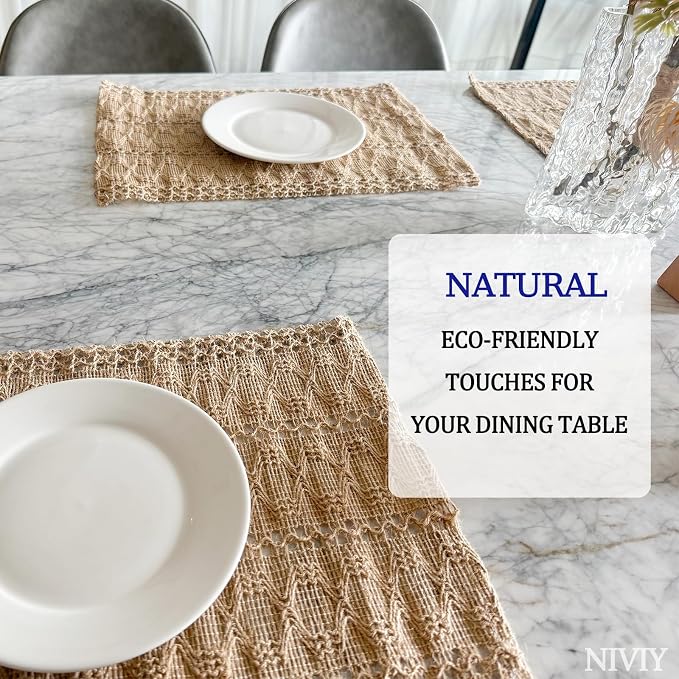 Niviy Burlap Placemats Set of 4, 12x18 Inch Natural Cotton Jute and Kitchen Woven Placemats with Tassels for Dining Table Centerpiece Thanksgiving Home Decorations