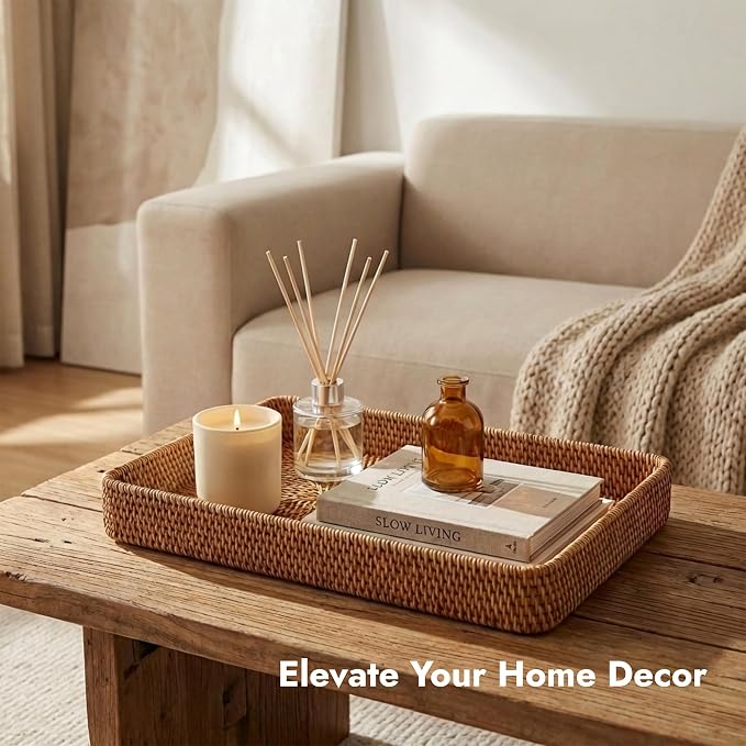 14.6" x 9.1" Large Wicker Storage Tray, Natural Rattan Basket Decorative Handwoven Rectangular Basket for Bread, Fruit, Toiletries,Towels & Home Organization (Natural M)