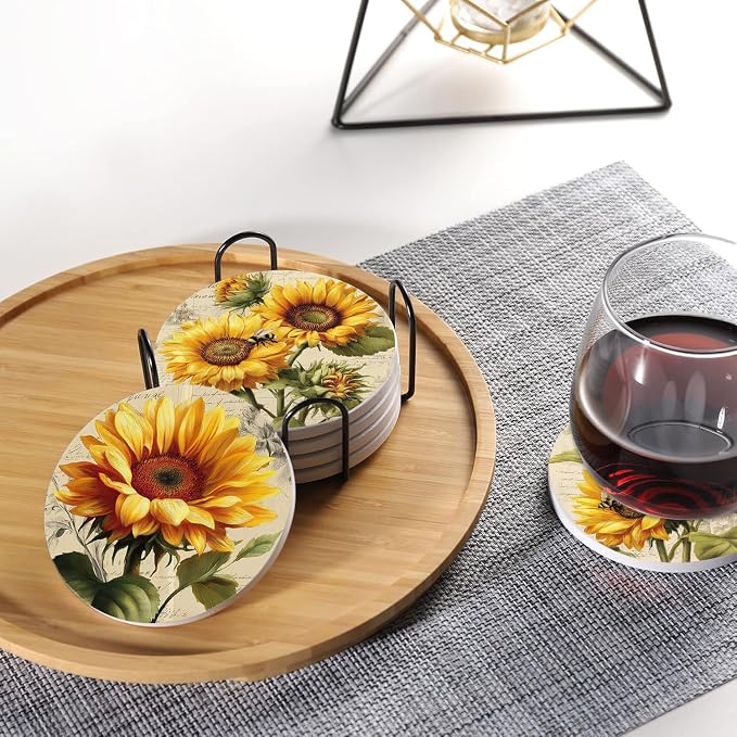Drink Absorbent Coasters with Holder Set of 6, Ceramic Stone with Cork Base, Vintage Sunflowers Yellow Spring Flowers Coaster for Drinks, Gift for Housewarming Room Bar Home Decor Kitchen