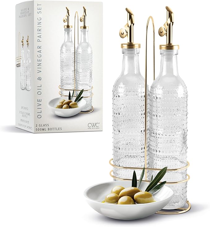 COOK WITH COLOR Glass Olive Oil Bottle Dispenser - 2 Pack- 17oz Oil and Vinegar Cruet - Olive Oil Carafe Decanter for Kitchen, Champagne Bubbles, Clear