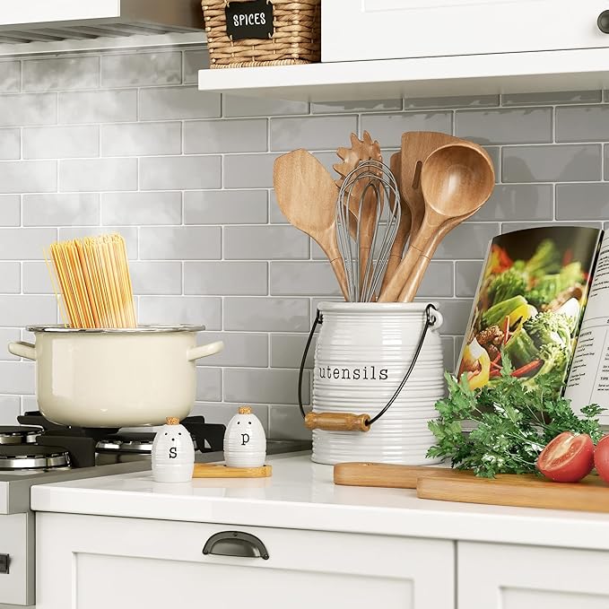 Barnyard Designs Ceramic Farmhouse Kitchen Utensil Holder for Countertop, Decorative Kitchen Utensil Crock for Counter, Spatula Holder, 6" White