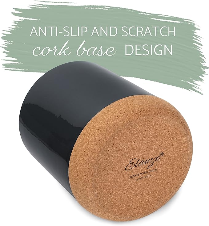 Glossy X-Large Ceramic Stoneware Cork Bottom Kitchen Utensil Holder, Black
