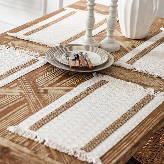 Niviy Boho Placemats Set of 8, 12x18 Inch Natural Cotton Burlap and Kitchen Woven Placemats with Tassels for Dining Table Centerpiece Thanksgiving Home Decorations
