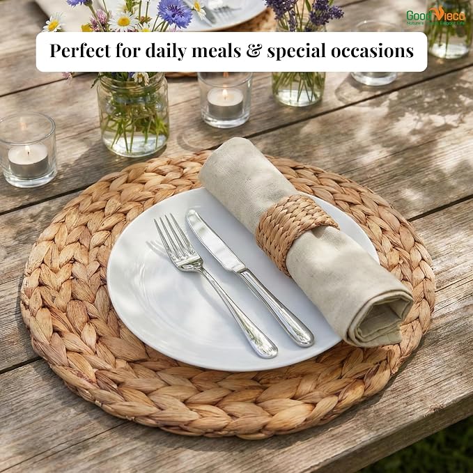 Woven Placemats Set, Handcrafted Water Hyacinth Round Rattan Place Mats for Dining Table, Natural Boho Wicker Farmhouse Table Decor, Indoor Outdoor Chargers (6, Round - 12in)