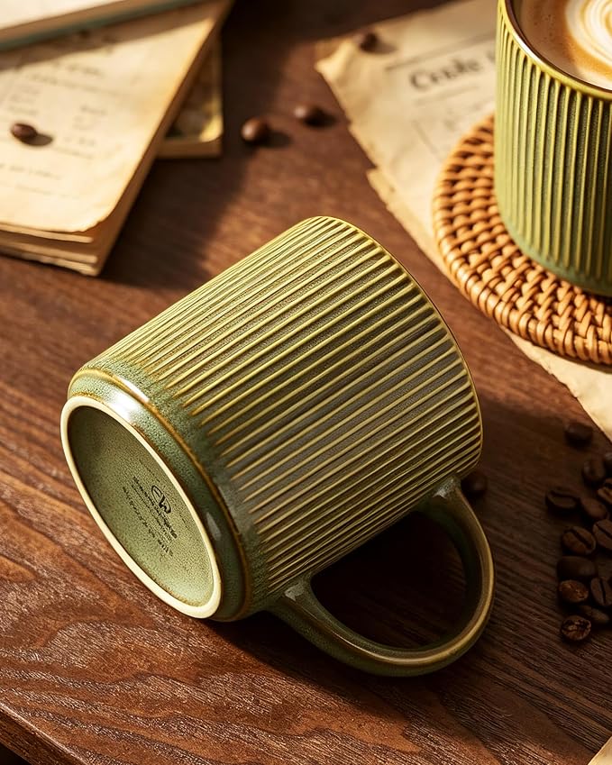 famiware Coffee Mug Set for 6, Star 12 oz Catering Mugs Cup Set with Handle for Coffee, Tea, Cocoa, Milk - Ceramic Stoneware Drinkware Set, Moss