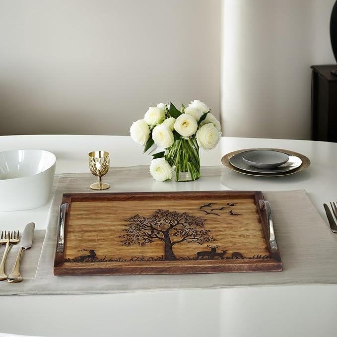 Large Wooden Serving Tray with Nature Scene, Decorative Tree and Wildlife Design, Metal Handles