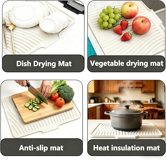 Silicone Dish Drying Mat,Dish Drying Pad,Kitchen Accessories,with Built-In and Non-Slip Drain,Easy Clean, Fit for Kitchen, Bar, RV, Refrigerator and Drawer Liner, 19.7*17 in Off White 1PCS by EBIGIC