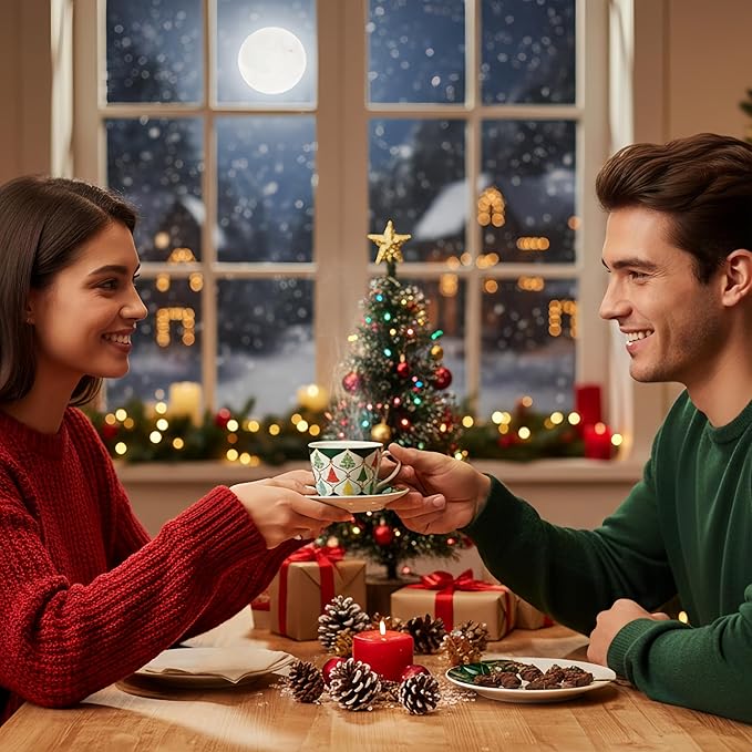 Espresso Cups and Saucers Set of 2, 4 oz Ceramic Small Coffee Mug with Handle,Green Gold Festive Tree Pattern for Tea, Latte, Cafe, Microwave & Dishwasher Safe, Decorative Holiday Gift Box