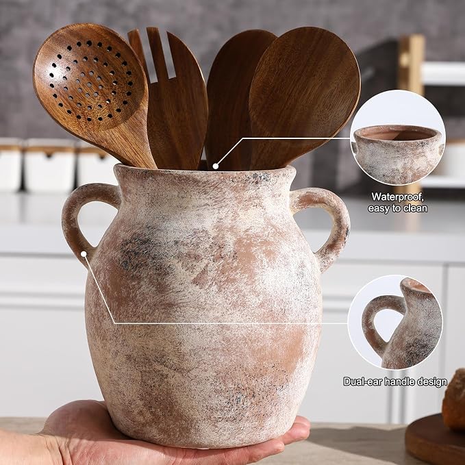 Ceramic Farmhouse Kitchen Utensil Holder for Countertop, Rustic Cooking Utensil Holder Crock Fit for Kitchen Counter. 6.2 x 6.2x 7 IN