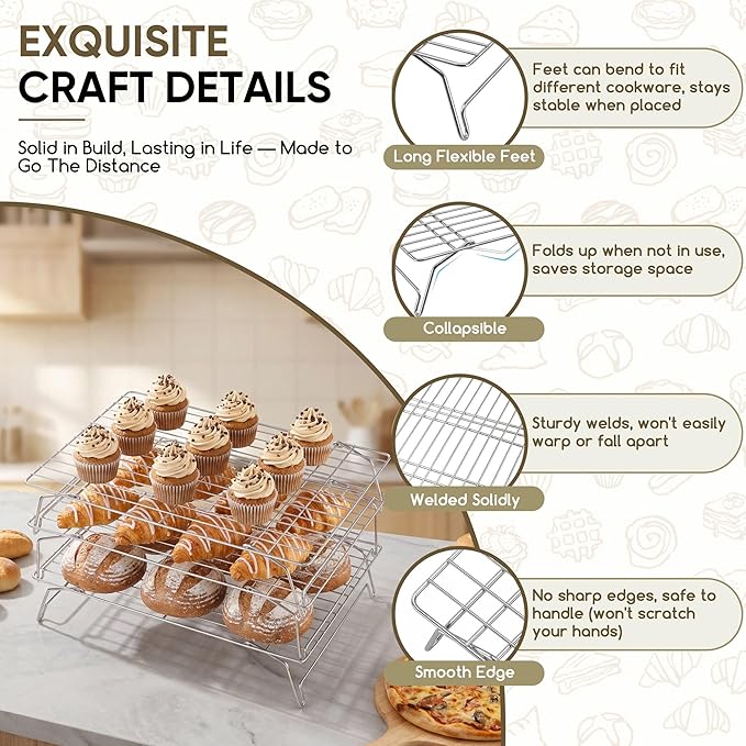 Herogo 15" x 10" Cooling Rack, 6-Tier Stainless Steel Baking Rack for Cookies, Cupcakes, and Pastries, Collapsible Space-Saving Design, Dishwasher Safe, Ideal for Baking, Roasting, and Drying