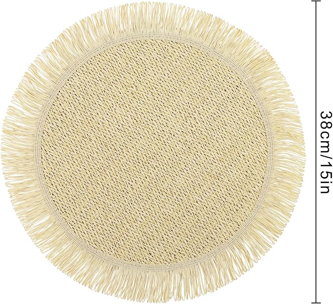 fanquare Boho Round Paper Placemats 15'' Set of 6, Rustic Woven Fade-Safe Tablemats,Braided Placemats for Home, Cafe or Events, Beige