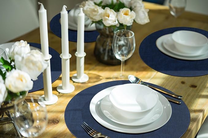 homing Round Faux Leather Placemat and Coaster 6 Packs, Washable Heat Resistant Dining Place Mats, Wipeable Double-Sided Table Mats for Indoor and Outdoor, Diameter 13 and 3.93 inch, Navy