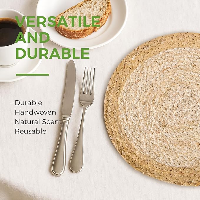 13.5 in Round Woven Place Mats Set of 10, Boho Placemats Rattan Chargers for Dinner Plates, Farmhouse Rustic Placemats Wicker Table Mats Braided Chargers, Natural Beige & Light Brown