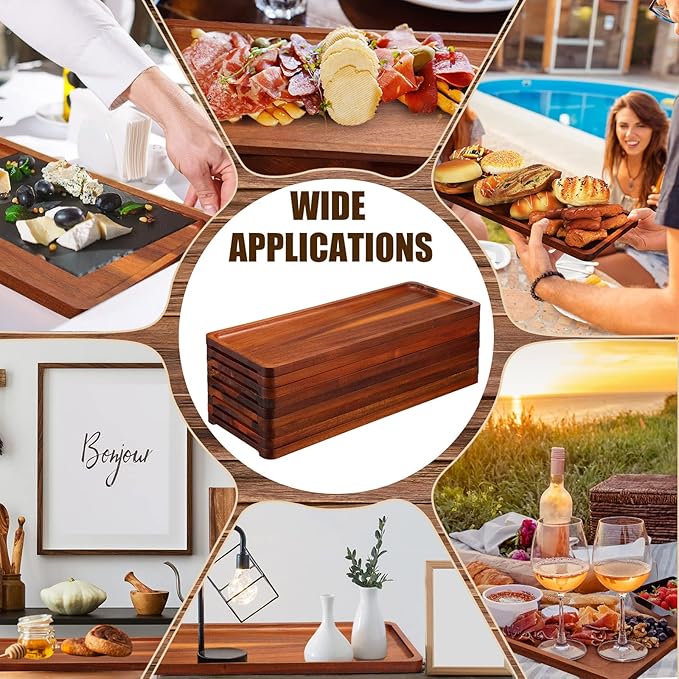 Skylety 15 Pack Solid Wood Serving Tray Large Acacia Party Server Platter Rectangular Charcuterie Board with Grooved Handle for Home kitchen Cheese Appetizer Farmhouse Table Supplies (16.7 x 6.4 Inch)