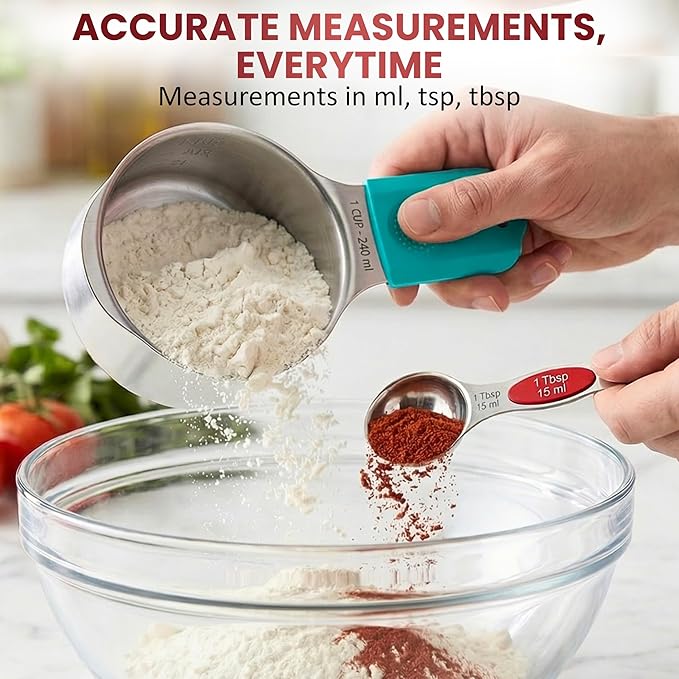 Magnetic Measuring Cups and Spoons Set of 16, 304 Stainless Steel with Multicolor Silicone Handles, 7 Cups, 8 Double-Sided Spoons and Leveler, Laser-Engraved, Stackable, Dishwasher Safe for Baking