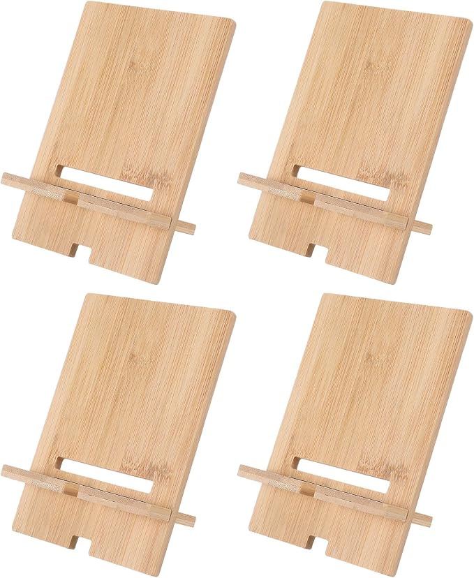 4-Pack Bamboo Book Display Stand, Adjustable Wooden Cookbook Holder & Plate Easel for Display, Splinter-Free Recipe Book Stand for Kitchen Counter, Tablets, Photos, Textbook, Art (6.6x3.9”)