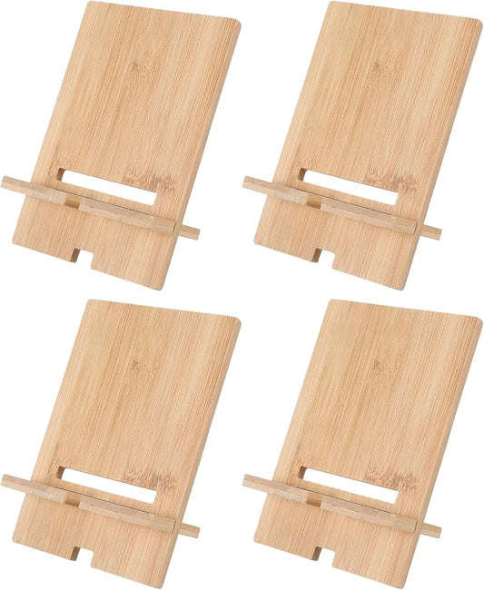 4-Pack Bamboo Book Display Stand, Adjustable Wooden Cookbook Holder & Plate Easel for Display, Splinter-Free Recipe Book Stand for Kitchen Counter, Tablets, Photos, Textbook, Art (6.6x3.9”)