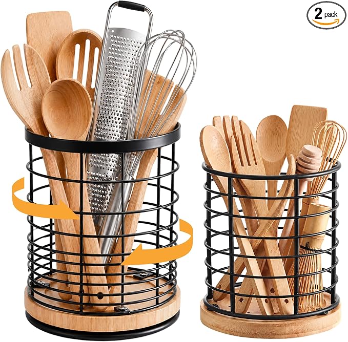 Domensi 360° Rotating Kitchen Utensil Holder Set of 2, Large & Small Bamboo Metal Utensil Crock for Countertop, Kitchen Organizer for Spatula, Spoon & Cooking Tools, Stable Base, 7.2" & 5.9"