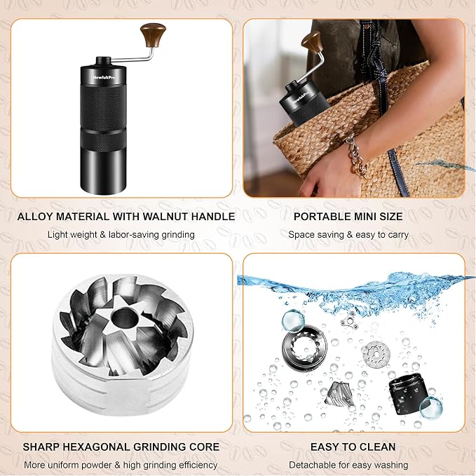 M6 Hand Coffee Grinder,Conical Burr for Espresso Pour Over French Press | 24 Adjustable Settings & Double Bearings.Hexagonal Burr.Portable Plastic-Free Hand Grinder for Travel, Camping,Home & Office
