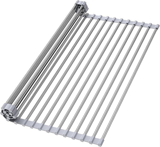 Roll Up Dish Drying Rack for Sink, Over Sink Dish Rack 17 x 15.7 Inch, Silicone Stainless Steel Dish Drainer for Kitchen Counter, BPA Free Utensil Drying Rack, Gray