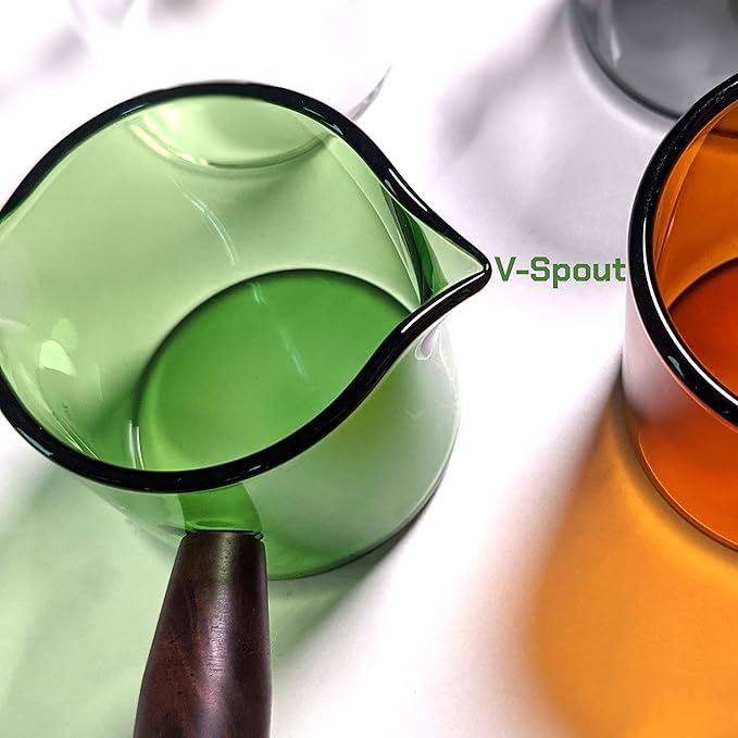 Handmade 3.5oz Espresso Shot Glass Double Spouts with American Walnut Handle, Measuring Triple Pitcher Milk Cup with 2 Spouts, Coffee Measuring Cup Glass for Barista (Emerald)