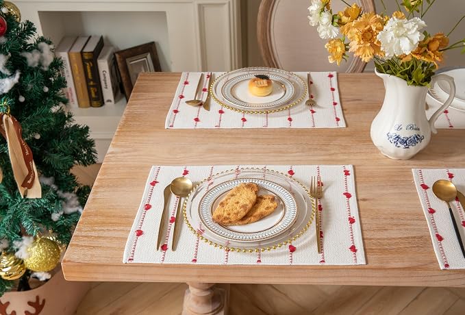 Christmas Valentines Placemats Set of 4, Cotton Linen Woven Table Mats for Modern Dining Table, 13x19 Inch Rustic Kitchen Valentine's Day Decorations Red Place Mats