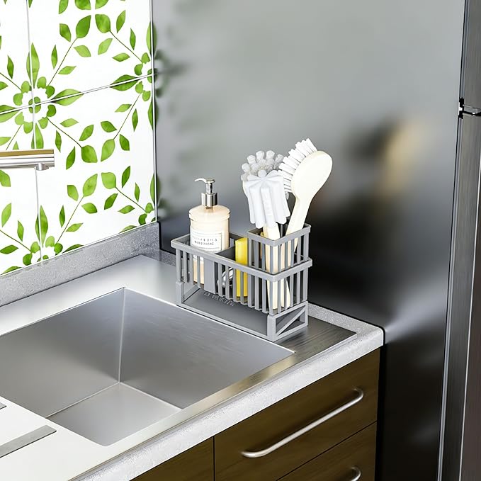 Yieach Rustproof Sink Caddy & Kitchen Sink Organizer,Plastic Dish Sponge Holder with High Scrub Brush Holder,Sponge Rack for Kitchen Sink,Multifunctional Sponge Drain Rack,Dish Soap Caddy & Dispenser
