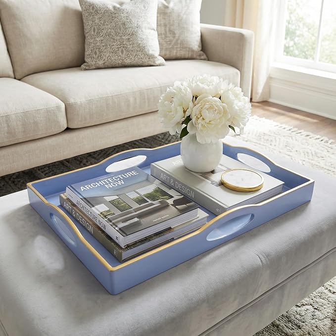 Blue Serving Tray with 4 Handles, Plastic Decorative Tray for Coffee Table, Ottoman - Ideal for Living Room & Bathroom. 15” x 11” x 1.9”