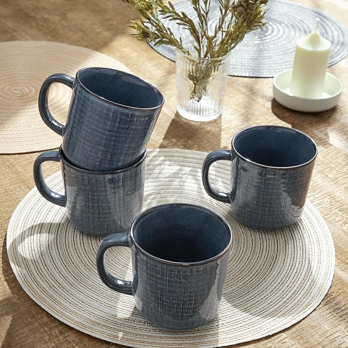 famiware Moonlight Coffee Mug Set of 4, 14oz Mug Set with Linen Finish, Coffee Cup Set with Handle for Latte, Cappuccino, Tea, Hot Cocoa, Microwave and Dishwasher Safe, Dark Blue
