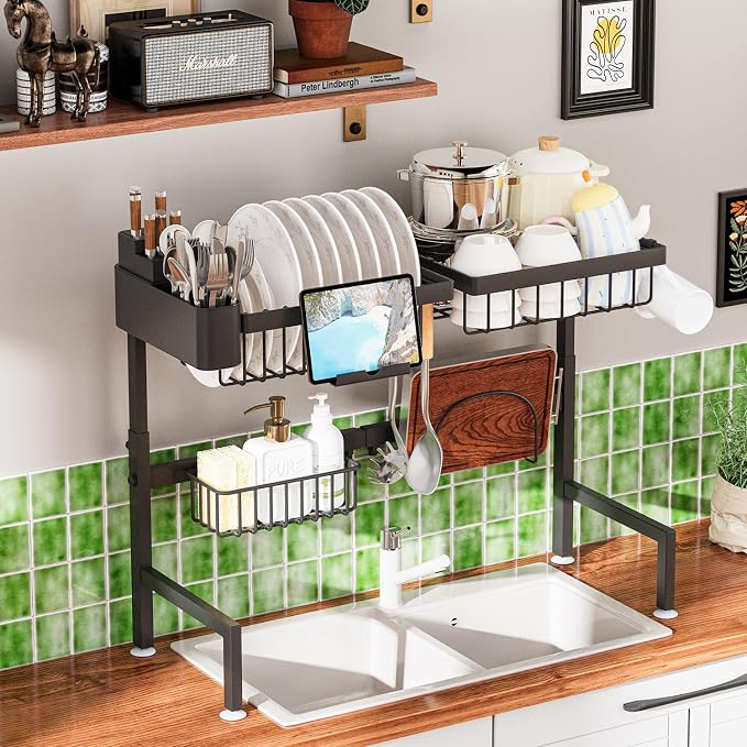 adoymiro Over The Sink Dish Drying Rack, Expandable Height and Length, 2 Tier Large, Stainless Steel, 24-35.5 inches L x 12 inches W x 19-22 inches H
