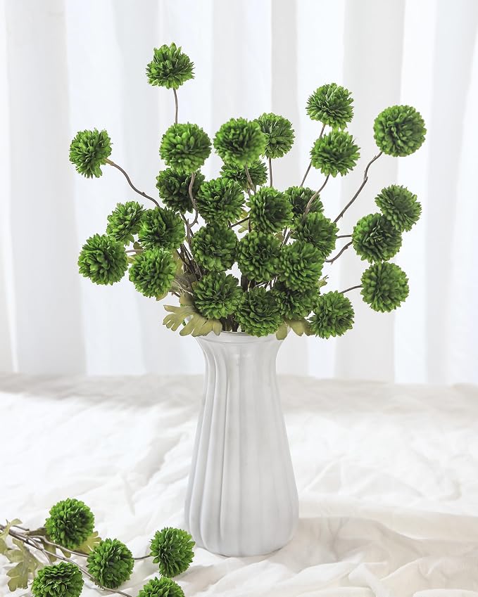 DuHouse 9pcs Artificial Flowers Faux Silk Pompon Mum,Silk Small Mini Chrysanthemum Ball with Stems for DIY Wedding Bouquets Centerpieces Vase Home Table Kitchen Decoration(Green)