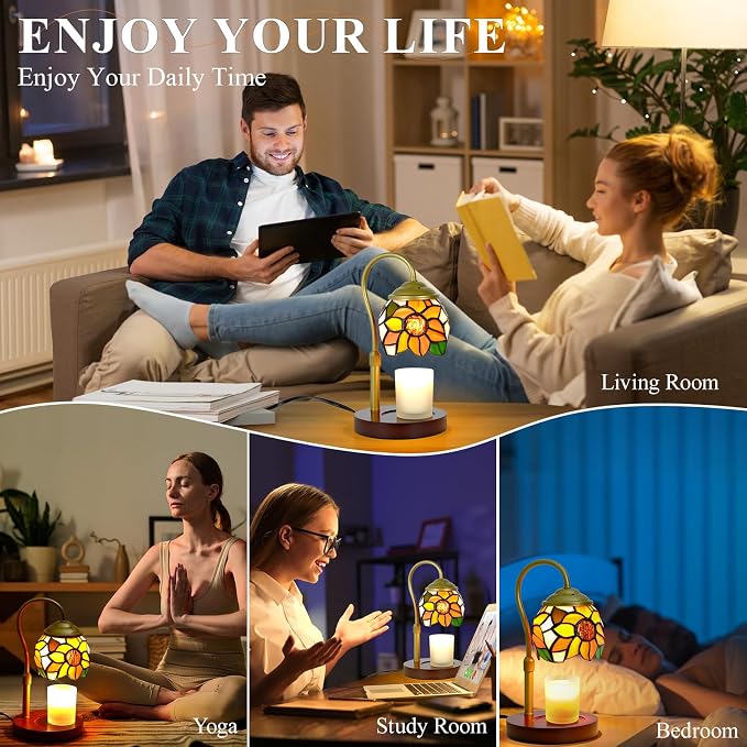 Candle Warmer Lamp - Electric Candle Lamps Timer Dimmer, Sunflower Tiffany Style Stained Glass Candle Warming Lamp Compatible with Jar Candles Valentine Birthday Gifts for Mom Friend Wax Melt Warmer
