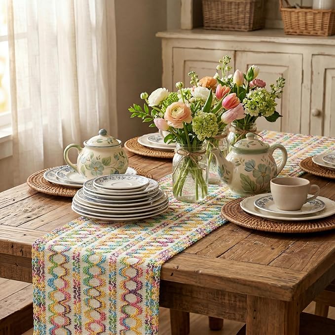 Artoid Mode Colorful Farmhouse Woven Rustic Hollow Spring Table Runner, Seasonal Summer Pride Month Holiday Kitchen Dining Table Decoration for Home Party Decor 12x60 Inch