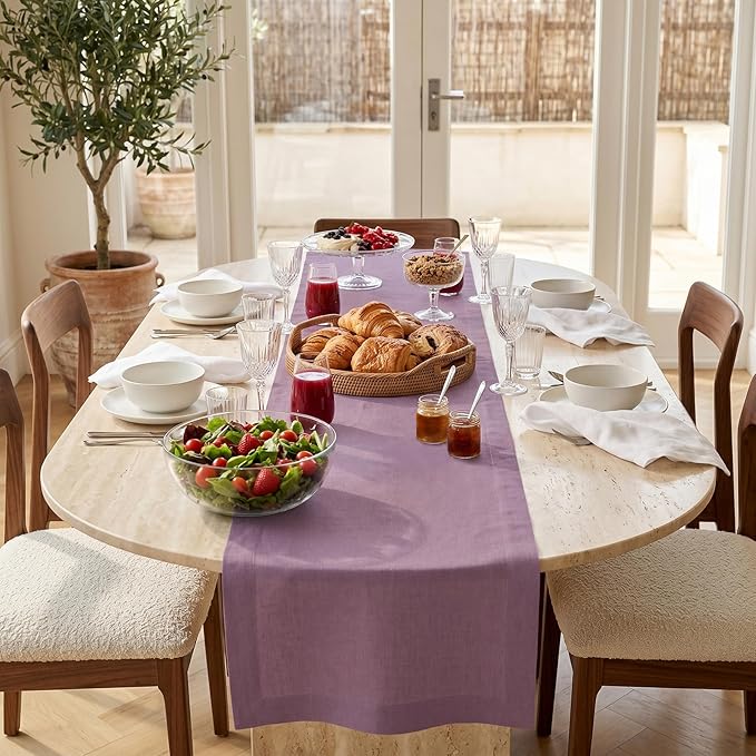 Solino Home Linen Mulberry Table Runner 48 Inches - 100% Pure Linen Farmhouse Short Table Runner 14 x 48 Inch Ideal for Dresser and Coffee Tables, Spring, Summer - Fete