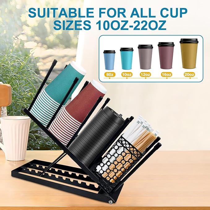 Cup and Lid Holder, Adjustable Coffee Cup Holder with Straw Organizer, 4 Compartments Disposable Paper Cup Dispenser for Countertop, Station Bar, Kitchen, Office Breakroom, Metal Black