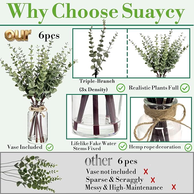Artificial Eucalyptus Stems in Glass Vase with Faux Water, 17.5" Faux Greenery for Vase,Fake Plants for Bathroom Decor Farmhouse Room Decor Table Decorations Home Decor Wedding (Sage Green)