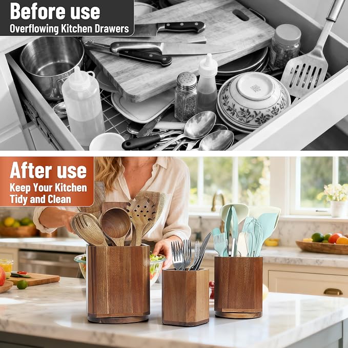 KINGSOW Wooden Utensil Holder Set: 3PCS Extra Large Acacia Wood Organizer with 360° Rotating Base for Kitchen Countertop - Farmhouse Storage Crock for Multi-Generation Family & Cooking Enthusiasts