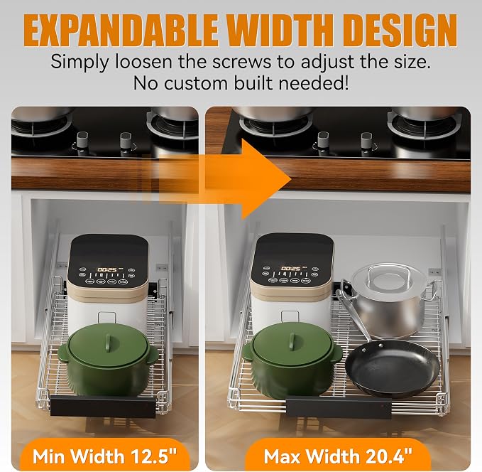 Expandable Pull Out Cabinet Organizer, Slide Out Drawers for Kitchen Cabinets, Heavy Duty Storage Drawers, Chrome Plated Cabinet Wire Shelf, Adjustable Width 12.5~20.2" W x 17.3" D×3..8“H