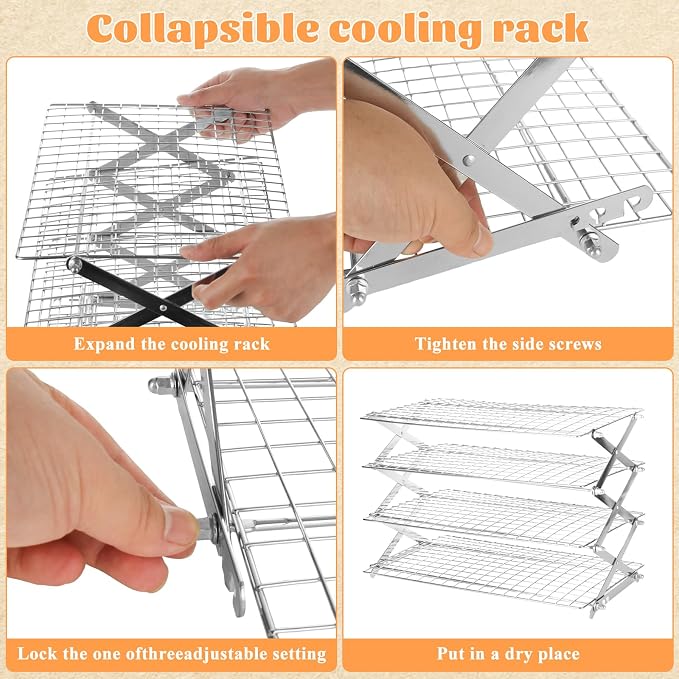 4 Tier Collapsible Cooling Rack for Cooking and Baking, Adjustable Foldable Baking Rack with 3 Height Settings, Heavy Duty Stainless Steel Wire Rack for Cookies, Bread, Cakes, Dishwasher Safe