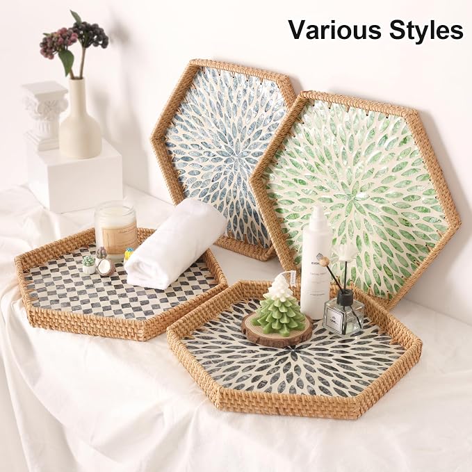 Hexagon Rattan Tray with Mother of Pearl Inlay, Rattan Serving Tray for Coffee, Bread, Fruits, Snacks, Decorative Wicker Tray for Table Decor, Home Decor (Black Leaves, 14.5"×12.8")