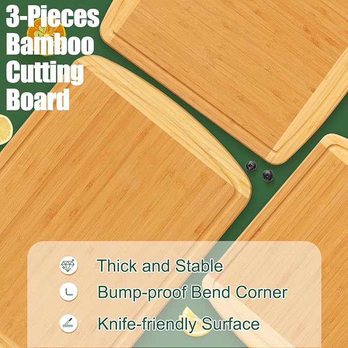 Homaxy Bamboo Cutting Boards for Kitchen Set of 3, Wood Cutting Board Set with Juice Groove, Wooden Butcher Block Chopping Board Set for Kitchen, Meat, Cheese, Fruit & Vegetables - Pre Oiled, Two-Tone