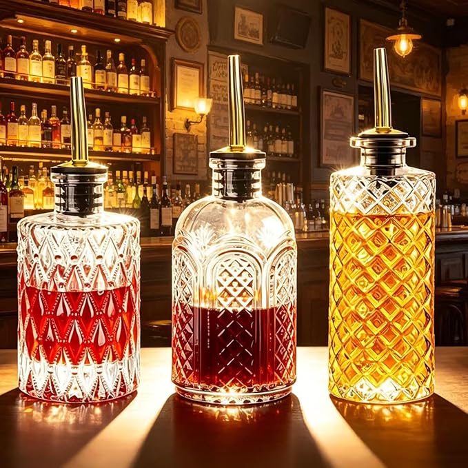 Aimery Coffee Syrup Dispenser Bottles Set - 3 Pack Simple Syrup Bottles with Metal Pour Spout and Dust Caps,For Syrups,Honey,Olive Oil,Condiments,Syrup Dispenser for Coffee Bar with Labels